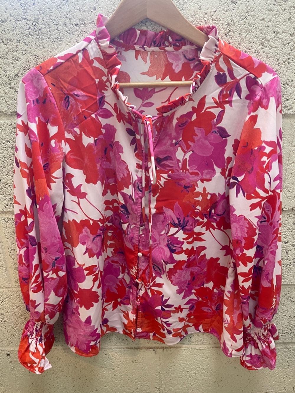 Floral Ruffled Tie-Neck Blouse - Pink & Red